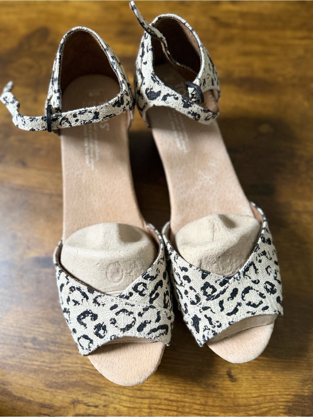 Toms Leopard Print Ankle Strap Heels - Beige and Black